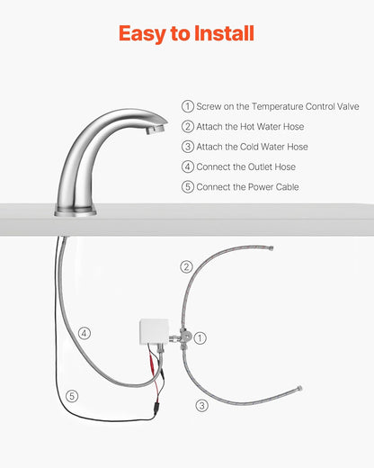 Touchless Bathroom Sink Faucet, Automatic Motion Sensor Restroom Toilet Faucet with Hole Cover Plate, Battery Operated,Hot/Cold Water for 9/16 in Pipe Commercial Lavatory,Chrome Plated Silver