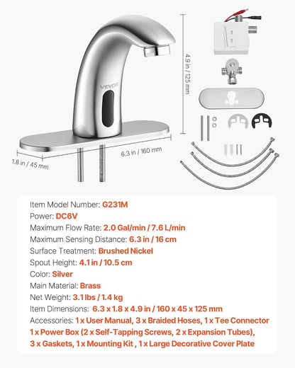 Touchless Bathroom Sink Faucet, Automatic Motion Sensor Restroom Toilet Faucet with Hole Cover Plate, Battery Operated,Hot/Cold Water for 9/16 in Pipe Commercial Lavatory,Chrome Plated Silver