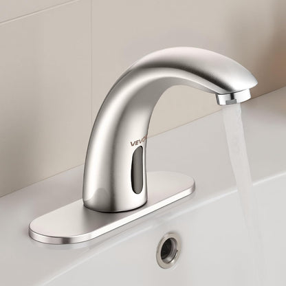 Touchless Bathroom Sink Faucet, Automatic Motion Sensor Restroom Toilet Faucet with Hole Cover Plate, Battery Operated,Hot/Cold Water for 9/16 in Pipe Commercial Lavatory,Chrome Plated Silver