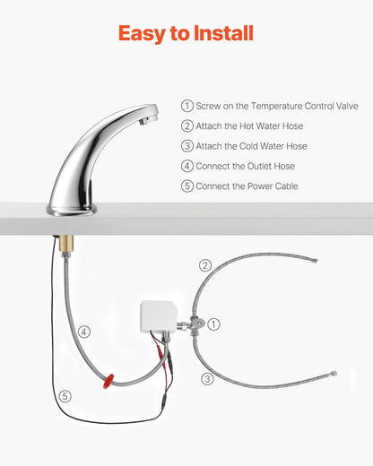 Touchless Bathroom Sink Faucet, Automatic Motion Sensor Restroom Toilet Faucet with Hole Cover Plate, Battery Operated,Hot/Cold Water for 9/16 in Pipe Commercial Lavatory,Chrome Plated Silver