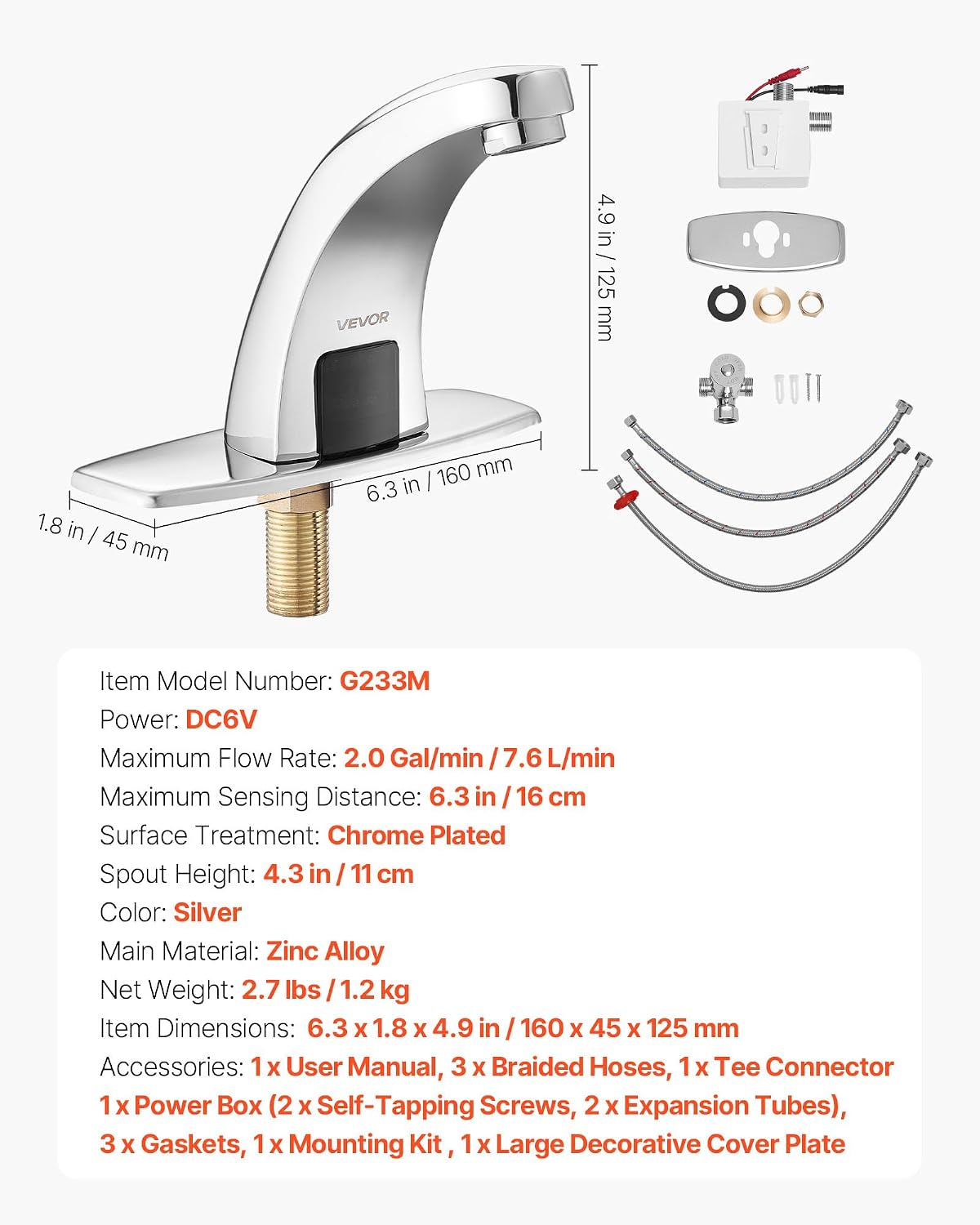 Touchless Bathroom Sink Faucet, Automatic Motion Sensor Restroom Toilet Faucet with Hole Cover Plate, Battery Operated,Hot/Cold Water for 9/16 in Pipe Commercial Lavatory,Chrome Plated Silver