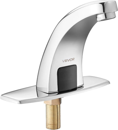 Touchless Bathroom Sink Faucet, Automatic Motion Sensor Restroom Toilet Faucet with Hole Cover Plate, Battery Operated,Hot/Cold Water for 9/16 in Pipe Commercial Lavatory,Chrome Plated Silver