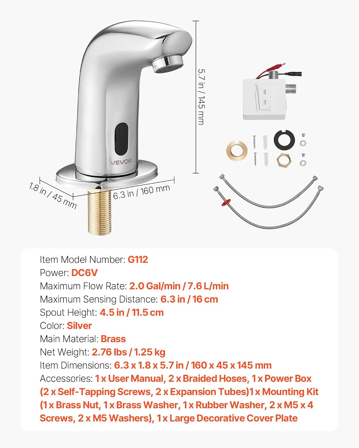 Touchless Bathroom Sink Faucet, Automatic Motion Sensor Restroom Toilet Faucet with Hole Cover Plate, Battery Operated,Hot/Cold Water for 9/16 in Pipe Commercial Lavatory,Chrome Plated Silver