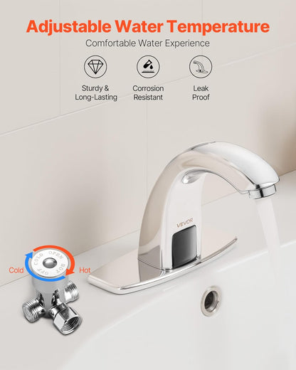 Touchless Bathroom Sink Faucet, Automatic Motion Sensor Restroom Toilet Faucet with Hole Cover Plate, Battery Operated,Hot/Cold Water for 9/16 in Pipe Commercial Lavatory,Chrome Plated Silver