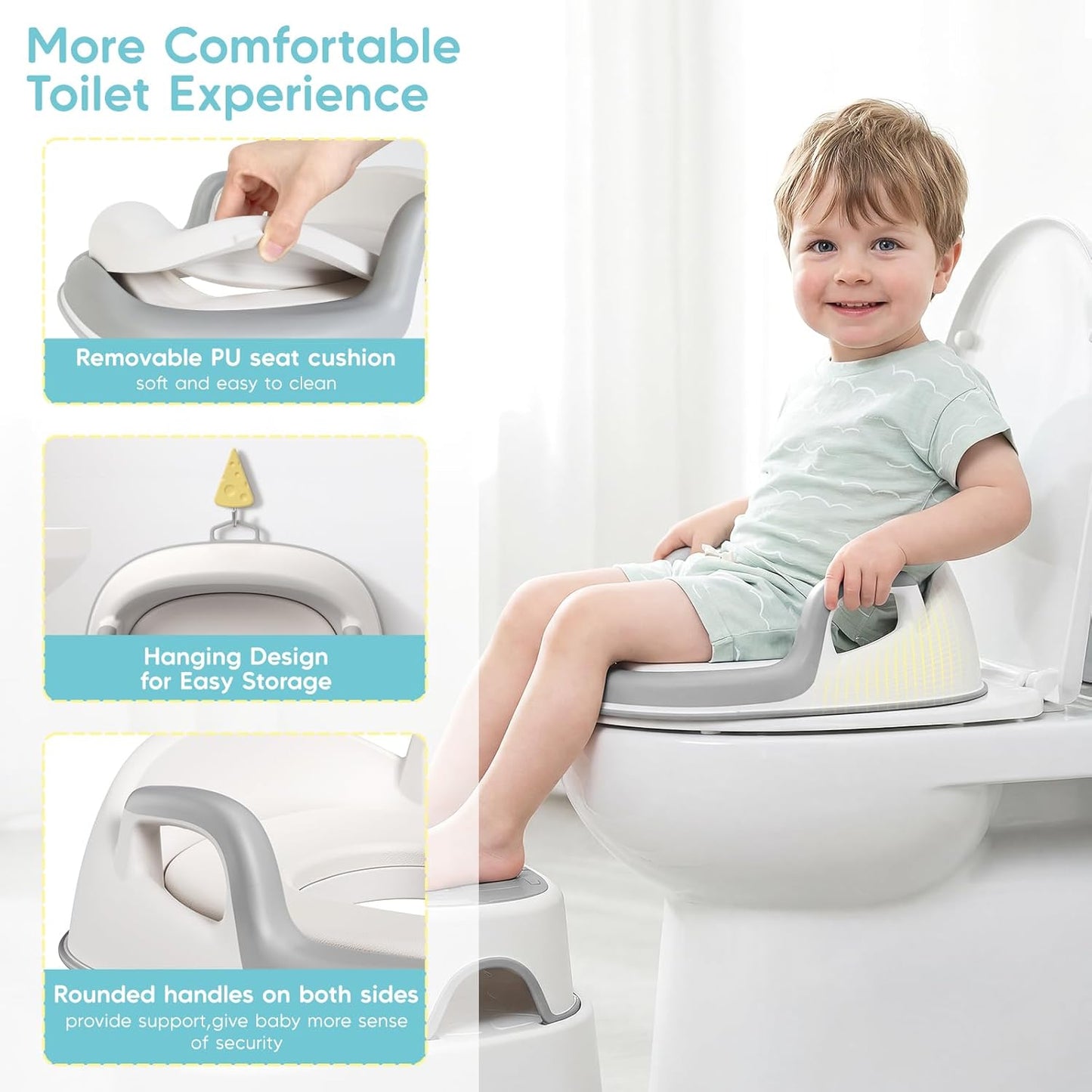 Potty Training Toilet Seat & Step Stool, 2-in-1 Anti-Slip Grey | Potty Seat + Separate Step Stool, Adjustable Fits More Toilets, Anti-Slip, Sturdy, Splash Guard, Easy clean，Boys & Girls.