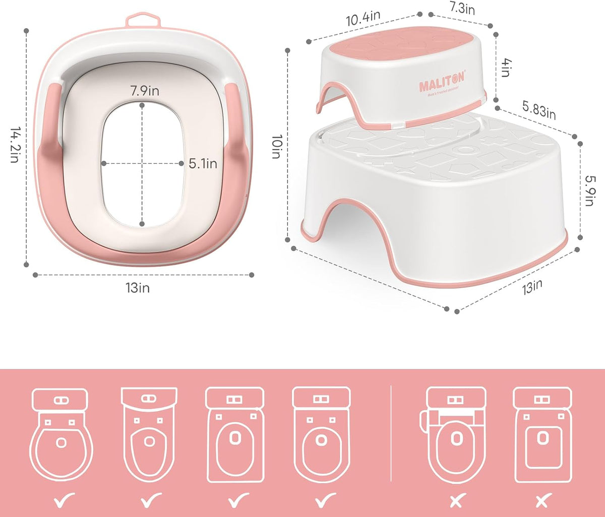 Potty Training Toilet Seat & Step Stool, 2-in-1 Anti-Slip Grey | Potty Seat + Separate Step Stool, Adjustable Fits More Toilets, Anti-Slip, Sturdy, Splash Guard, Easy clean，Boys & Girls.