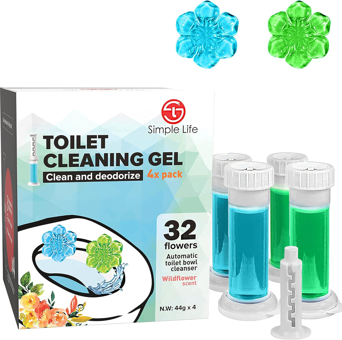 Toilet Bowl Cleaner Gel | Fresh Flower Toilet Gel Stamp | Stops Limescale and Stains with Air Freshening Scent | Deodorizing Clean | 32 Stamps, Blue & Green