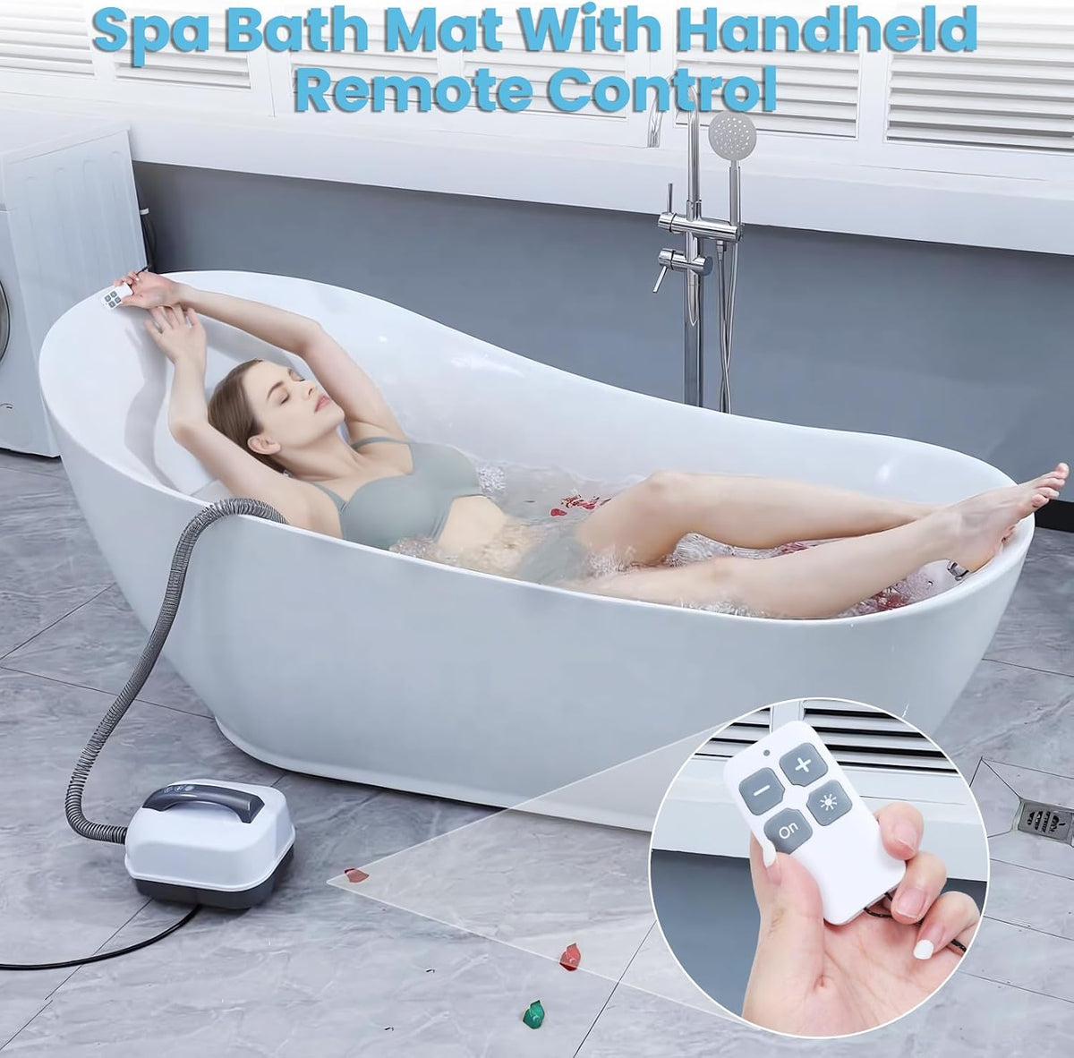Portable Spa Bubble Bath Mat, Full Body Bubbling Non-Slip Bath Mat with Remote, Pillow & Electric Air Pump - Adjustable Bubble Settings for Bathtub Home Spa Relaxation (Normal Suction Cup)