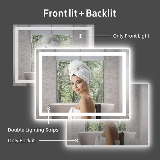 32"x 24" LED Bathroom Mirror with Lights, Dimmable, Double Lights, Backlit + Front Lit, 3 Colors Led Mirror for Bathroom, Lighted Bathroom Vanity Mirror, Tempered Glass(Horizontal/Vertical)