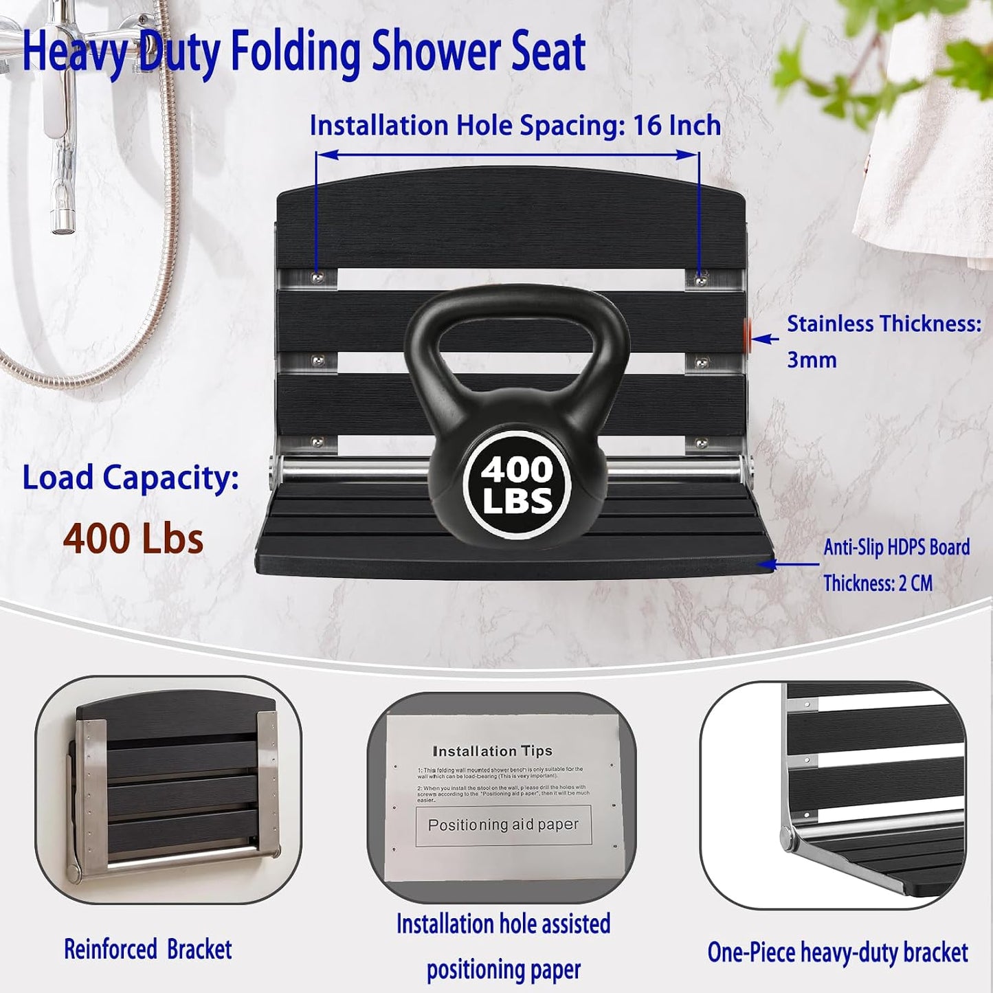 17.5" Folding Shower Seat Wall Mounted,Foldable Shower Bench,Fold Down Shower Seat,Folding Shower Seat Bench,Wall Mount Shower Seat Bench Chair (Grey)