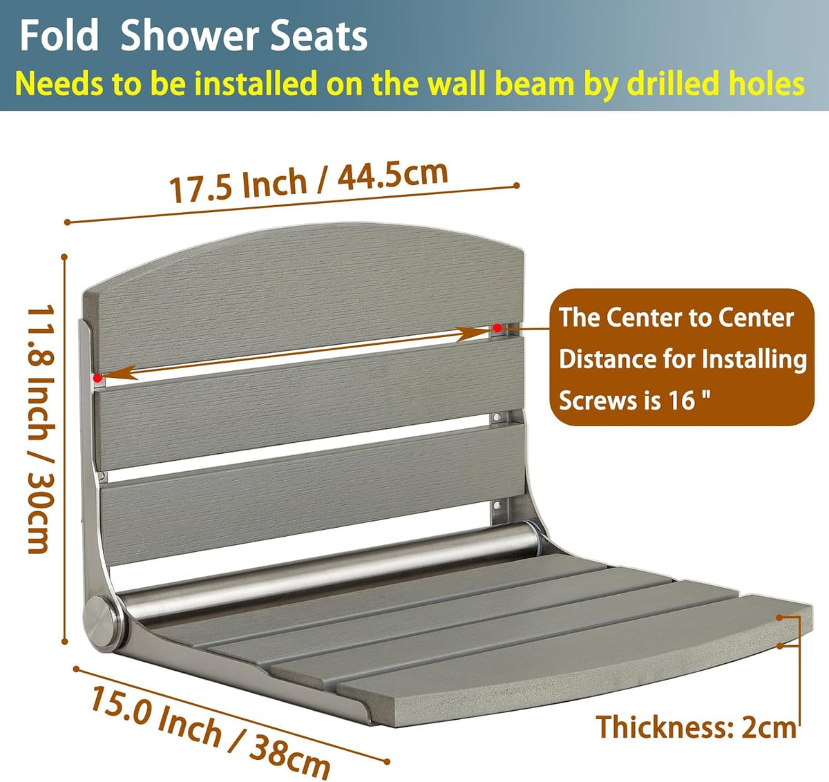 17.5" Folding Shower Seat Wall Mounted,Foldable Shower Bench,Fold Down Shower Seat,Folding Shower Seat Bench,Wall Mount Shower Seat Bench Chair (Grey)