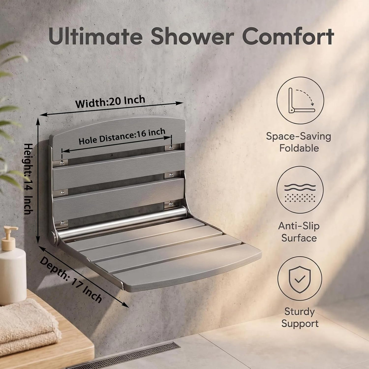 17.5" Folding Shower Seat Wall Mounted,Foldable Shower Bench,Fold Down Shower Seat,Folding Shower Seat Bench,Wall Mount Shower Seat Bench Chair (Grey)