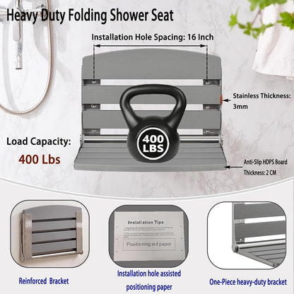 17.5" Folding Shower Seat Wall Mounted,Foldable Shower Bench,Fold Down Shower Seat,Folding Shower Seat Bench,Wall Mount Shower Seat Bench Chair (Grey)