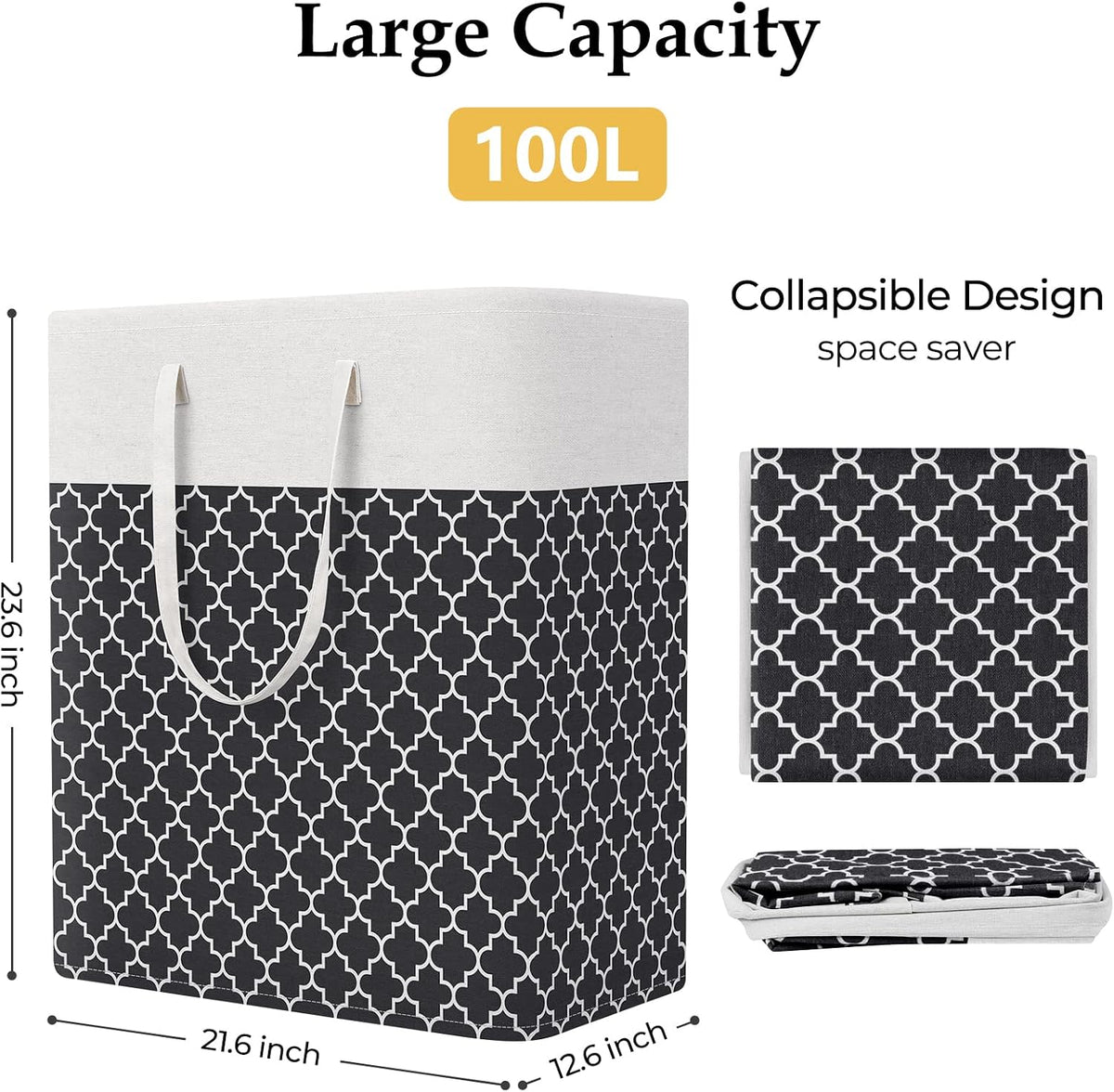 Laundry Basket Hamper, 75L Collapsible Clothes Storage, Grey | Freestanding Clothes Hampers, Foldable design, with Easy Carry Handles, For Laundry, Bedroom, Dorm, Clothing, Towels, Toys