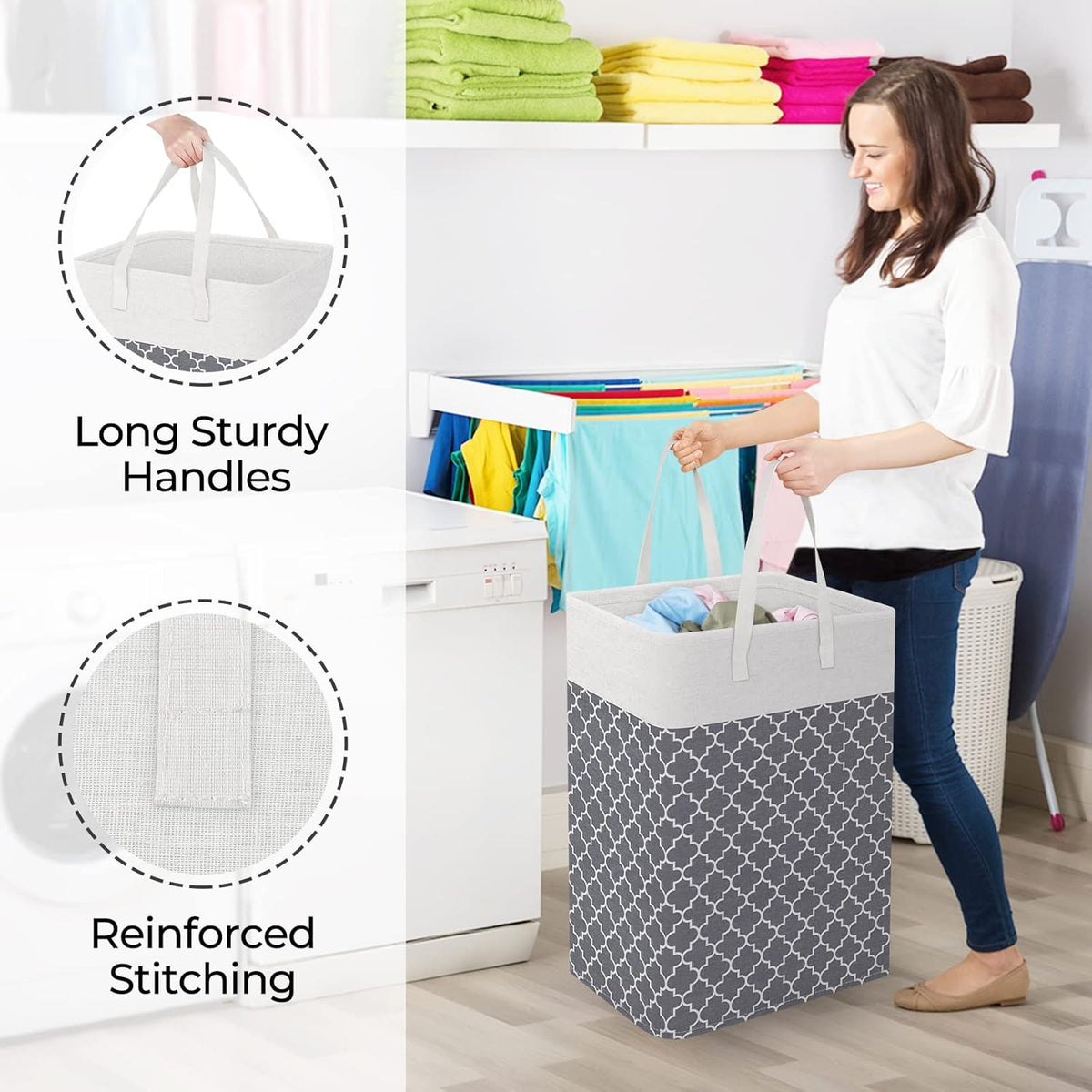 Laundry Basket Hamper, 75L Collapsible Clothes Storage, Grey | Freestanding Clothes Hampers, Foldable design, with Easy Carry Handles, For Laundry, Bedroom, Dorm, Clothing, Towels, Toys