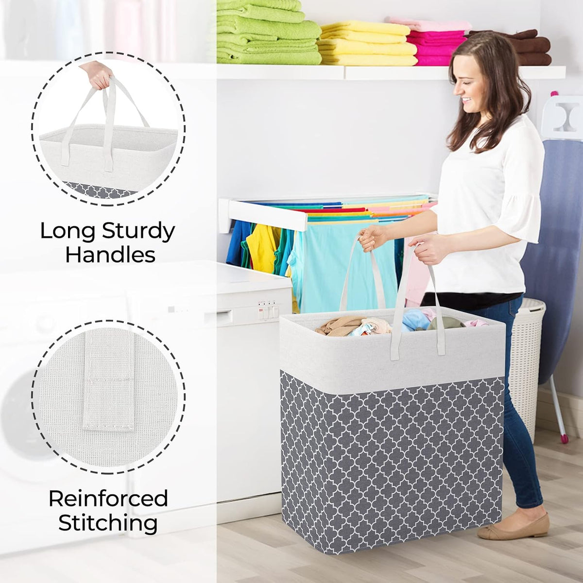 Laundry Basket Hamper, 75L Collapsible Clothes Storage, Grey | Freestanding Clothes Hampers, Foldable design, with Easy Carry Handles, For Laundry, Bedroom, Dorm, Clothing, Towels, Toys