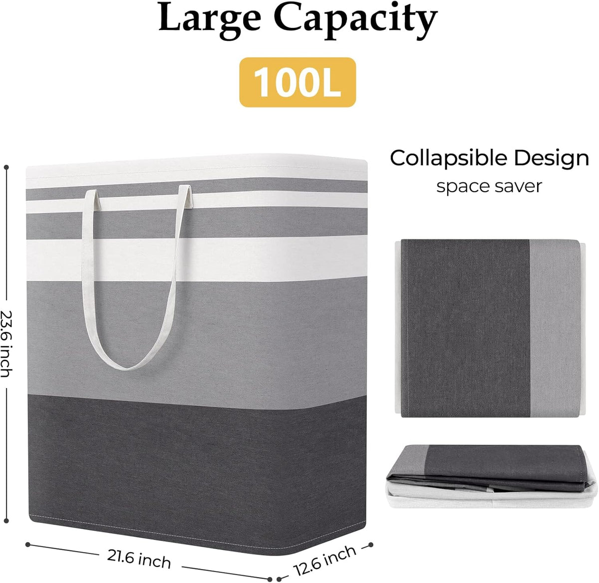 Laundry Basket Hamper, 75L Collapsible Clothes Storage, Grey | Freestanding Clothes Hampers, Foldable design, with Easy Carry Handles, For Laundry, Bedroom, Dorm, Clothing, Towels, Toys