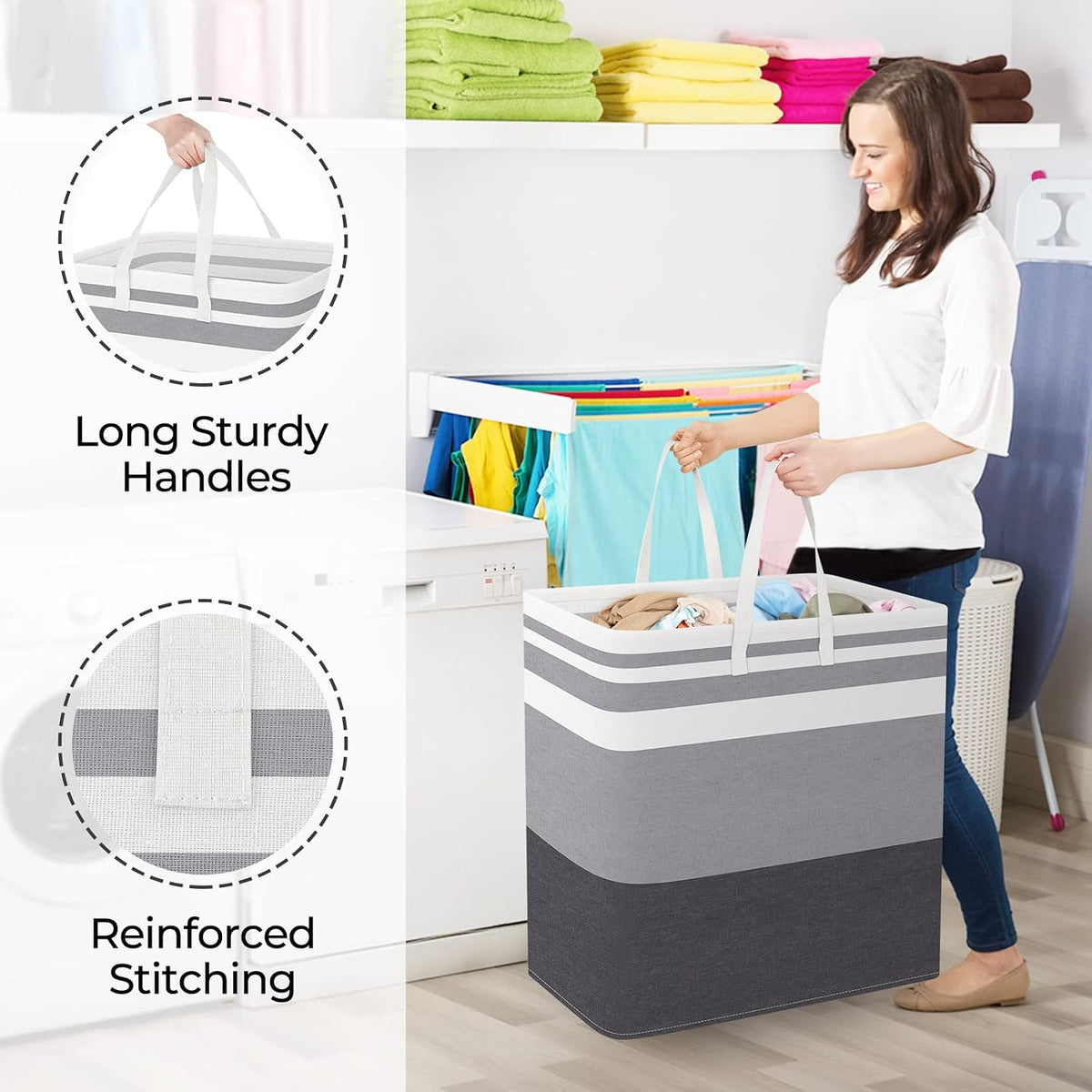 Laundry Basket Hamper, 75L Collapsible Clothes Storage, Grey | Freestanding Clothes Hampers, Foldable design, with Easy Carry Handles, For Laundry, Bedroom, Dorm, Clothing, Towels, Toys