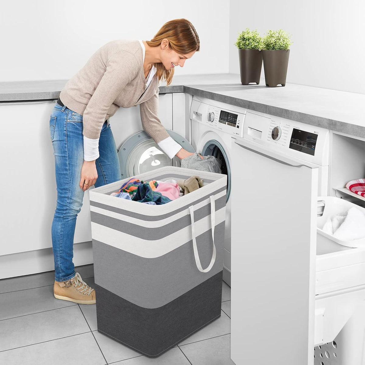 Laundry Basket Hamper, 75L Collapsible Clothes Storage, Grey | Freestanding Clothes Hampers, Foldable design, with Easy Carry Handles, For Laundry, Bedroom, Dorm, Clothing, Towels, Toys
