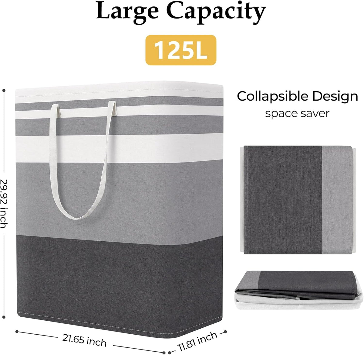 Laundry Basket Hamper, 75L Collapsible Clothes Storage, Grey | Freestanding Clothes Hampers, Foldable design, with Easy Carry Handles, For Laundry, Bedroom, Dorm, Clothing, Towels, Toys