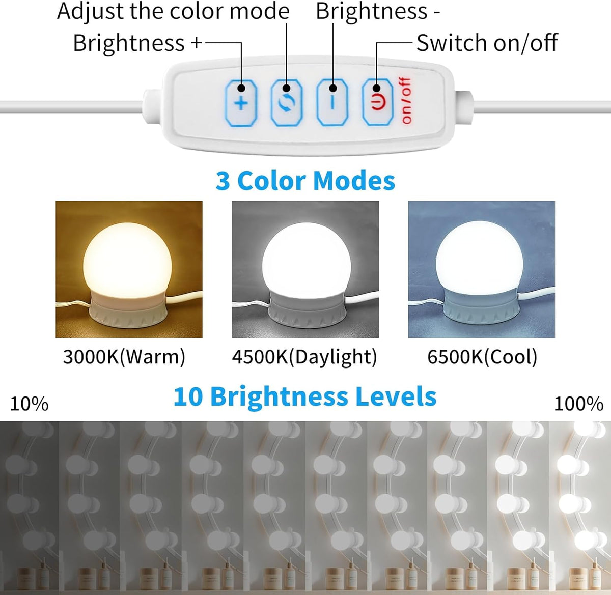 LED Vanity Mirror Lights with 12 Stick On Dimmable Bulbs, 3000K 4500K 6500K & 10 Brightness Levels Adjustable, Plug in USB Cable, Hollywood Style Mirror Lights for Makeup Desk Bathroom Dressing Room