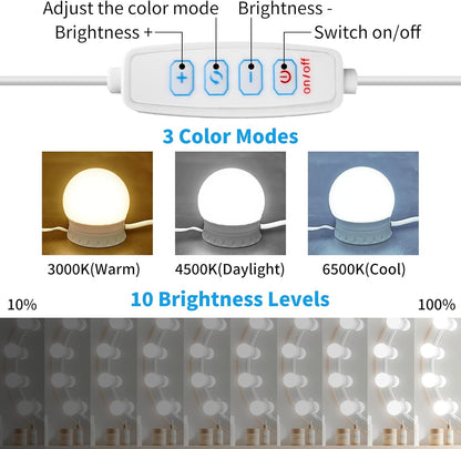 LED Vanity Mirror Lights with 12 Stick On Dimmable Bulbs, 3000K 4500K 6500K & 10 Brightness Levels Adjustable, Plug in USB Cable, Hollywood Style Mirror Lights for Makeup Desk Bathroom Dressing Room