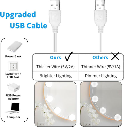 LED Vanity Mirror Lights with 12 Stick On Dimmable Bulbs, 3000K 4500K 6500K & 10 Brightness Levels Adjustable, Plug in USB Cable, Hollywood Style Mirror Lights for Makeup Desk Bathroom Dressing Room