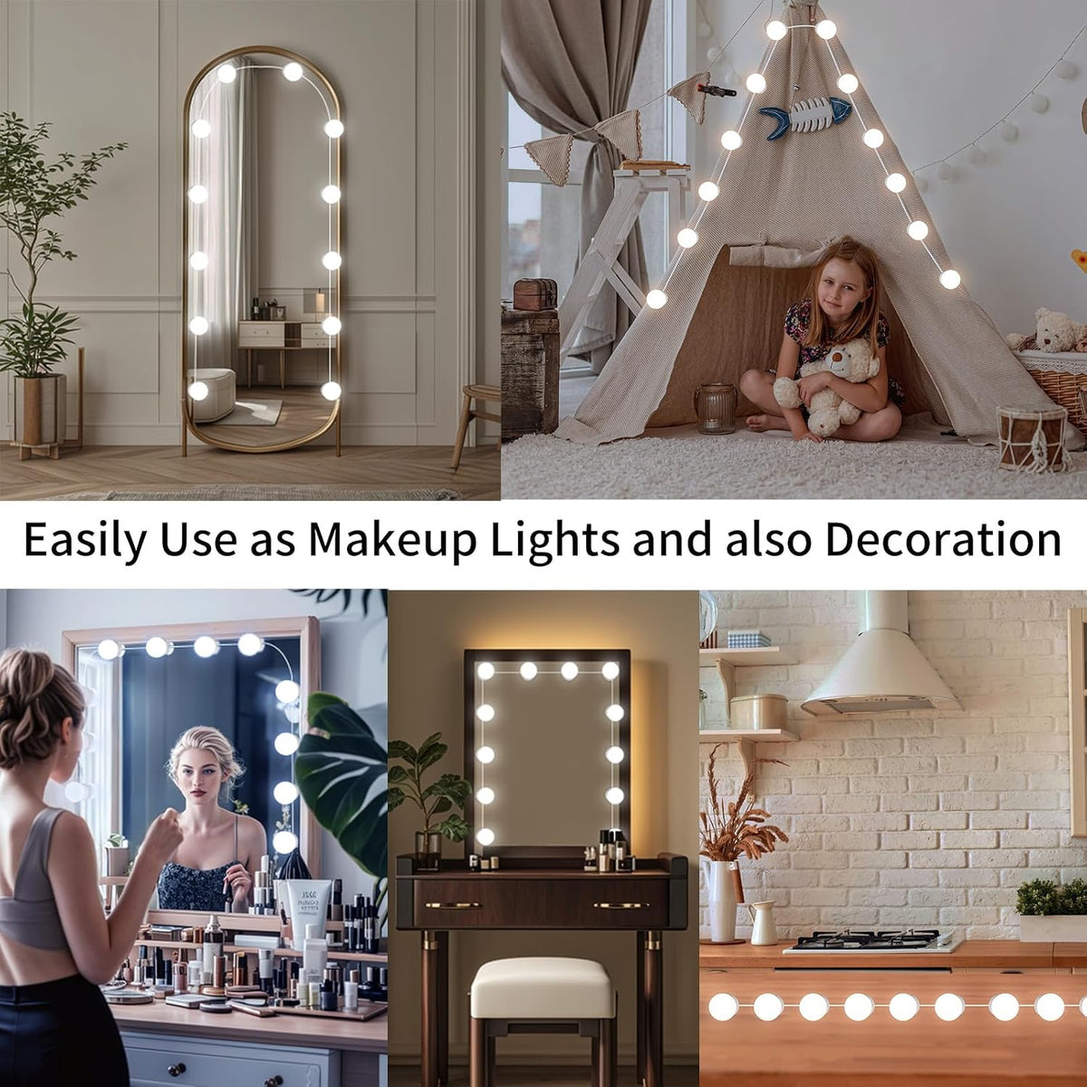 LED Vanity Mirror Lights with 12 Stick On Dimmable Bulbs, 3000K 4500K 6500K & 10 Brightness Levels Adjustable, Plug in USB Cable, Hollywood Style Mirror Lights for Makeup Desk Bathroom Dressing Room