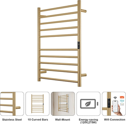Electric Towel Rack with Voice Control for Alexa & Google Home,TUYA - Wall-Mounted Bathroom Heating Towel Warmer,Plug-in,Stainless Steel Material,16.54x23.62x5.51 in,Gold，4 Bars