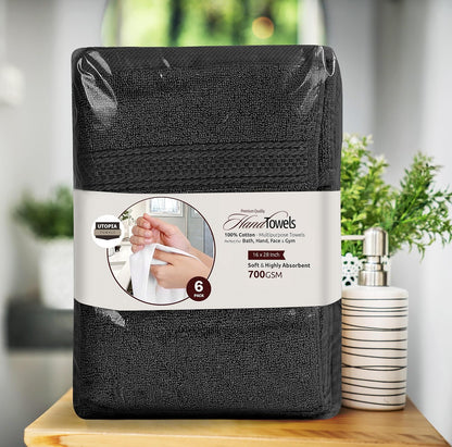 6 Pack Premium Hand Towels, 16x28 in, 600 GSM Cotton, Grey