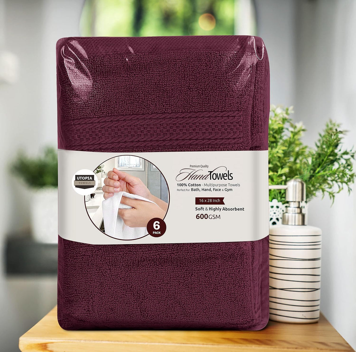 6 Pack Premium Hand Towels, 16x28 in, 600 GSM Cotton, Grey