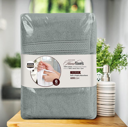 6 Pack Premium Hand Towels, 16x28 in, 600 GSM Cotton, Grey