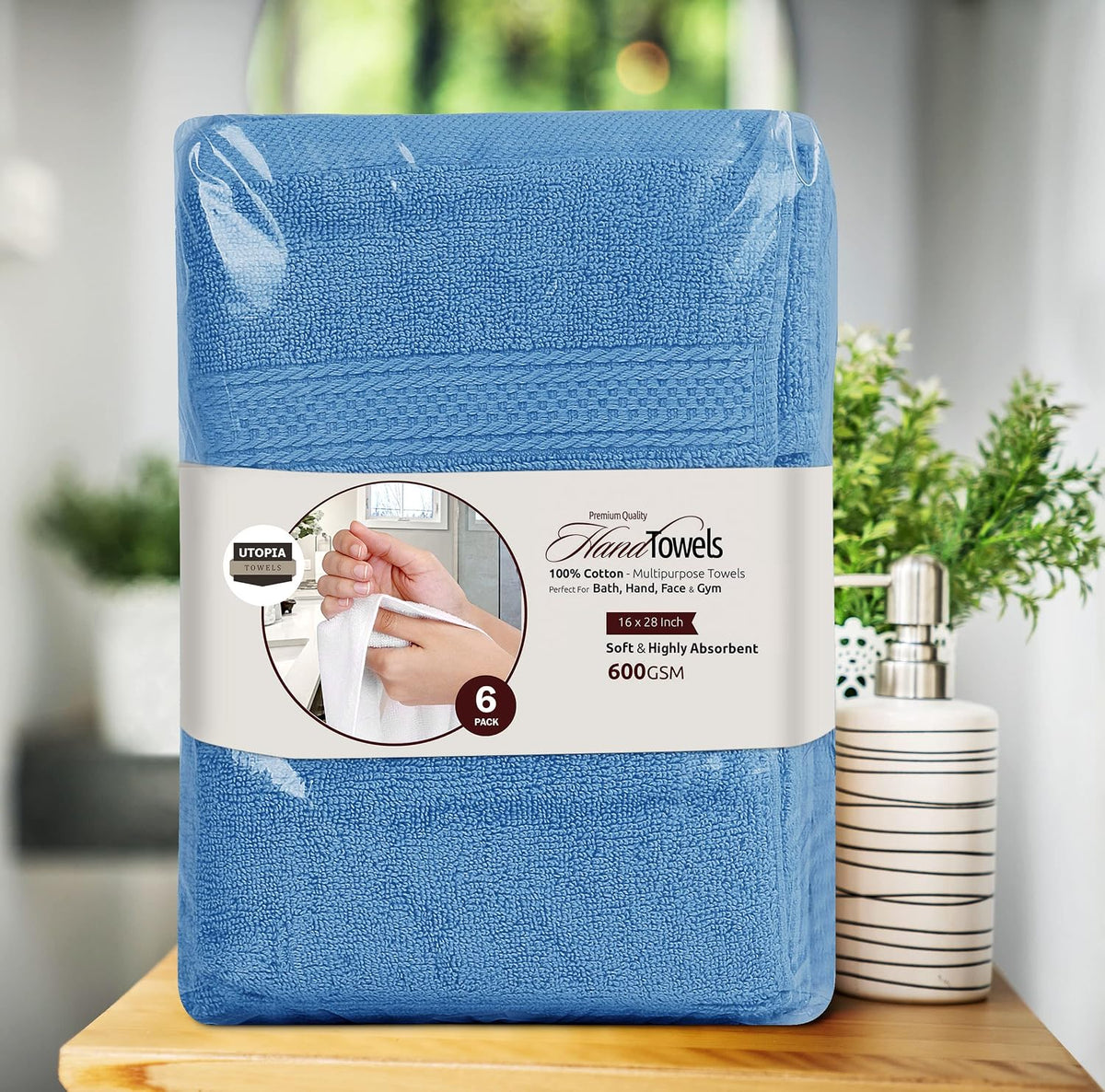 6 Pack Premium Hand Towels, 16x28 in, 600 GSM Cotton, Grey