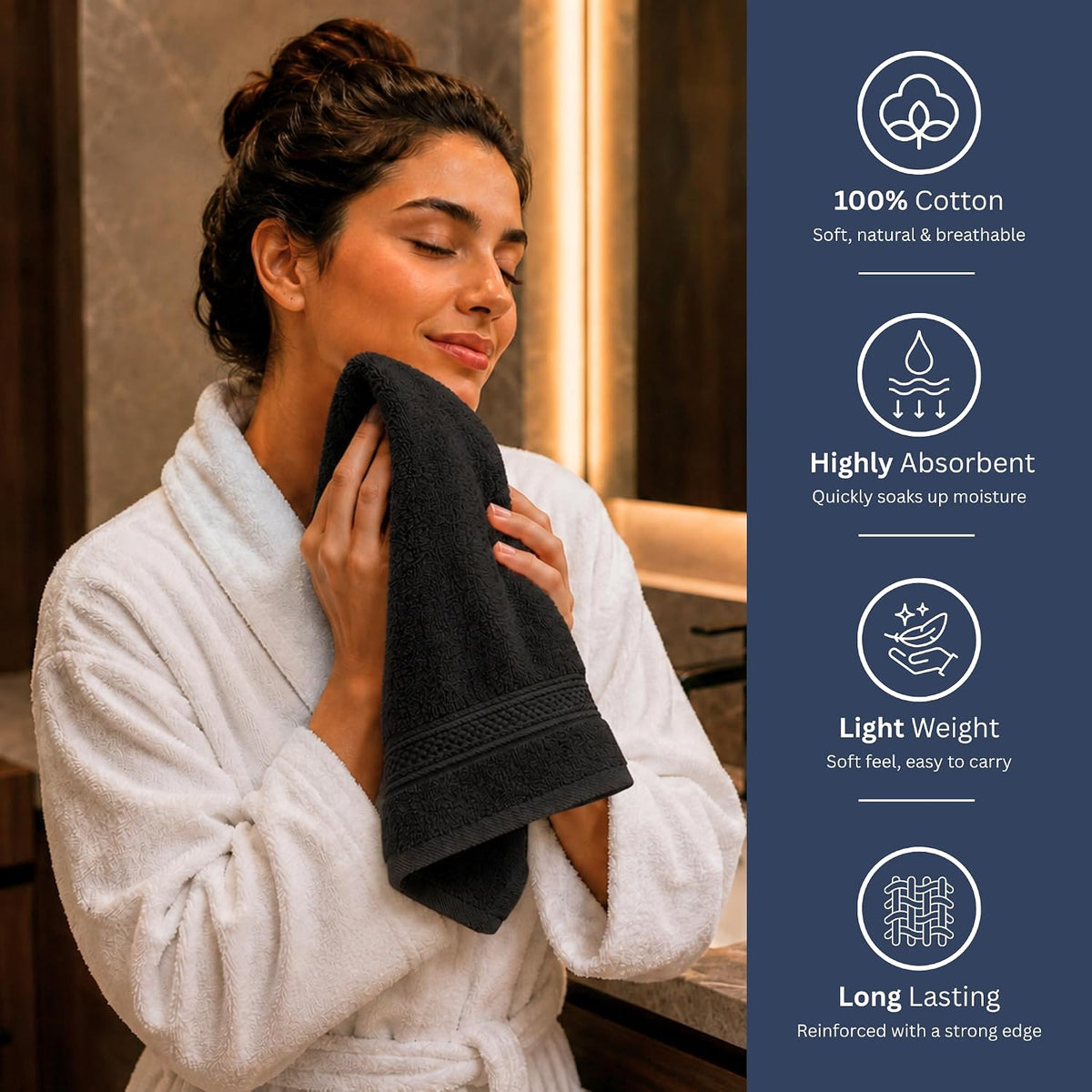6 Pack Premium Hand Towels, 16x28 in, 600 GSM Cotton, Grey