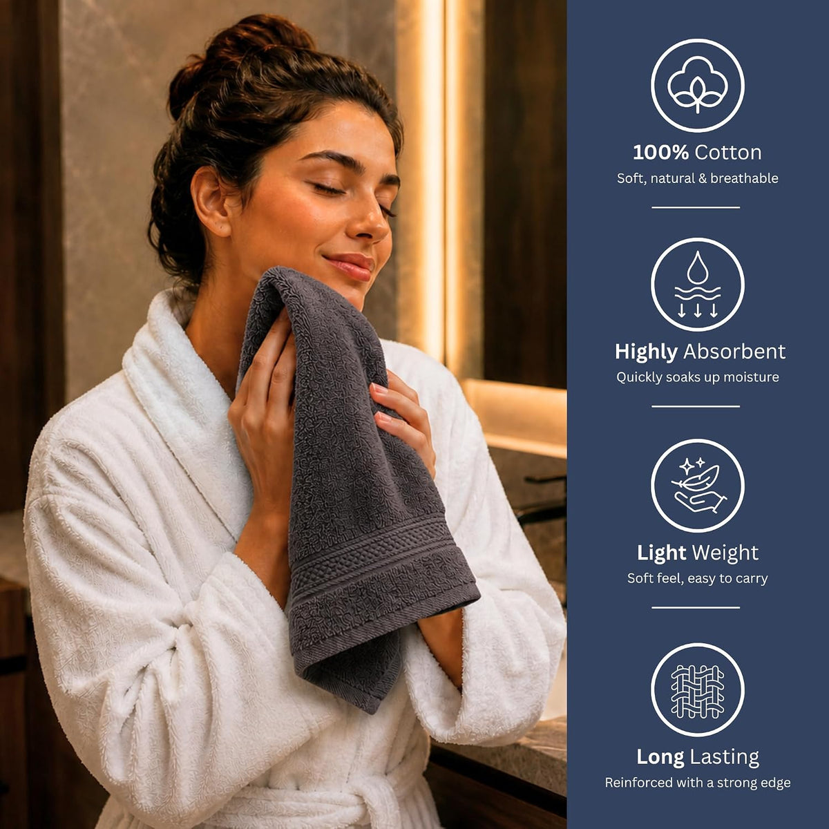 6 Pack Premium Hand Towels, 16x28 in, 600 GSM Cotton, Grey
