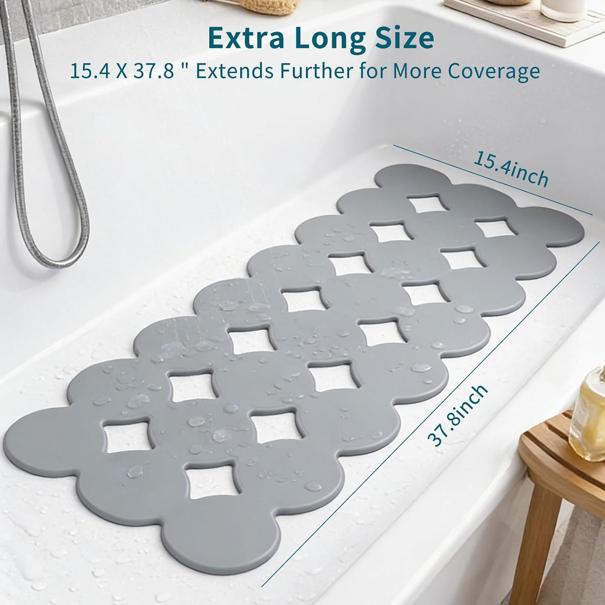 Bathtub Mat Non Slip: Extra Long Rubber Bath Mat for Tub with Strong Suction Cups 15.4" x 37.8" Anti Slip Shower Mat, Big Drain Holes Bathroom Mats for Tub & Shower, Circle-Grey