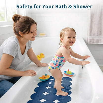 Bathtub Mat Non Slip: Extra Long Rubber Bath Mat for Tub with Strong Suction Cups 15.4" x 37.8" Anti Slip Shower Mat, Big Drain Holes Bathroom Mats for Tub & Shower, Circle-Grey