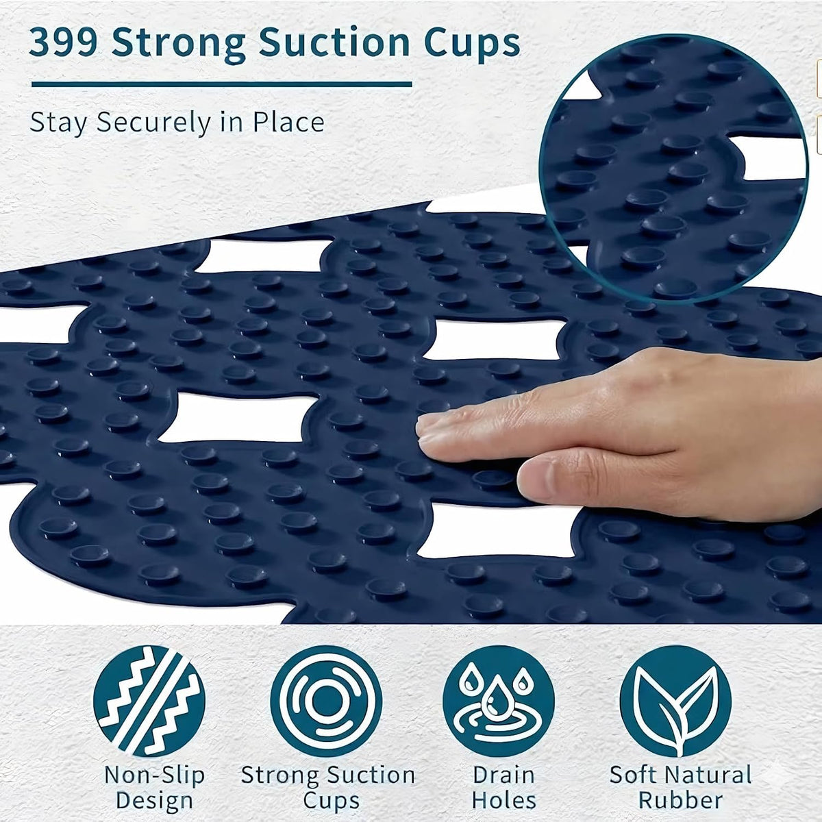 Bathtub Mat Non Slip: Extra Long Rubber Bath Mat for Tub with Strong Suction Cups 15.4" x 37.8" Anti Slip Shower Mat, Big Drain Holes Bathroom Mats for Tub & Shower, Circle-Grey