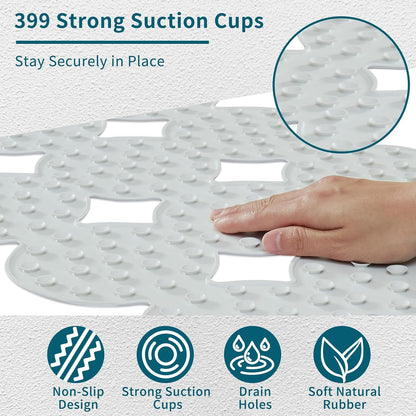 Bathtub Mat Non Slip: Extra Long Rubber Bath Mat for Tub with Strong Suction Cups 15.4" x 37.8" Anti Slip Shower Mat, Big Drain Holes Bathroom Mats for Tub & Shower, Circle-Grey