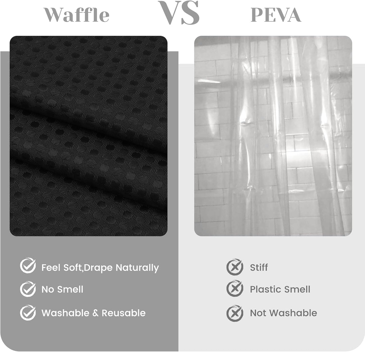 No Hook Waffle Shower Curtain with Snap in Liner Set, 71x74, Grey
