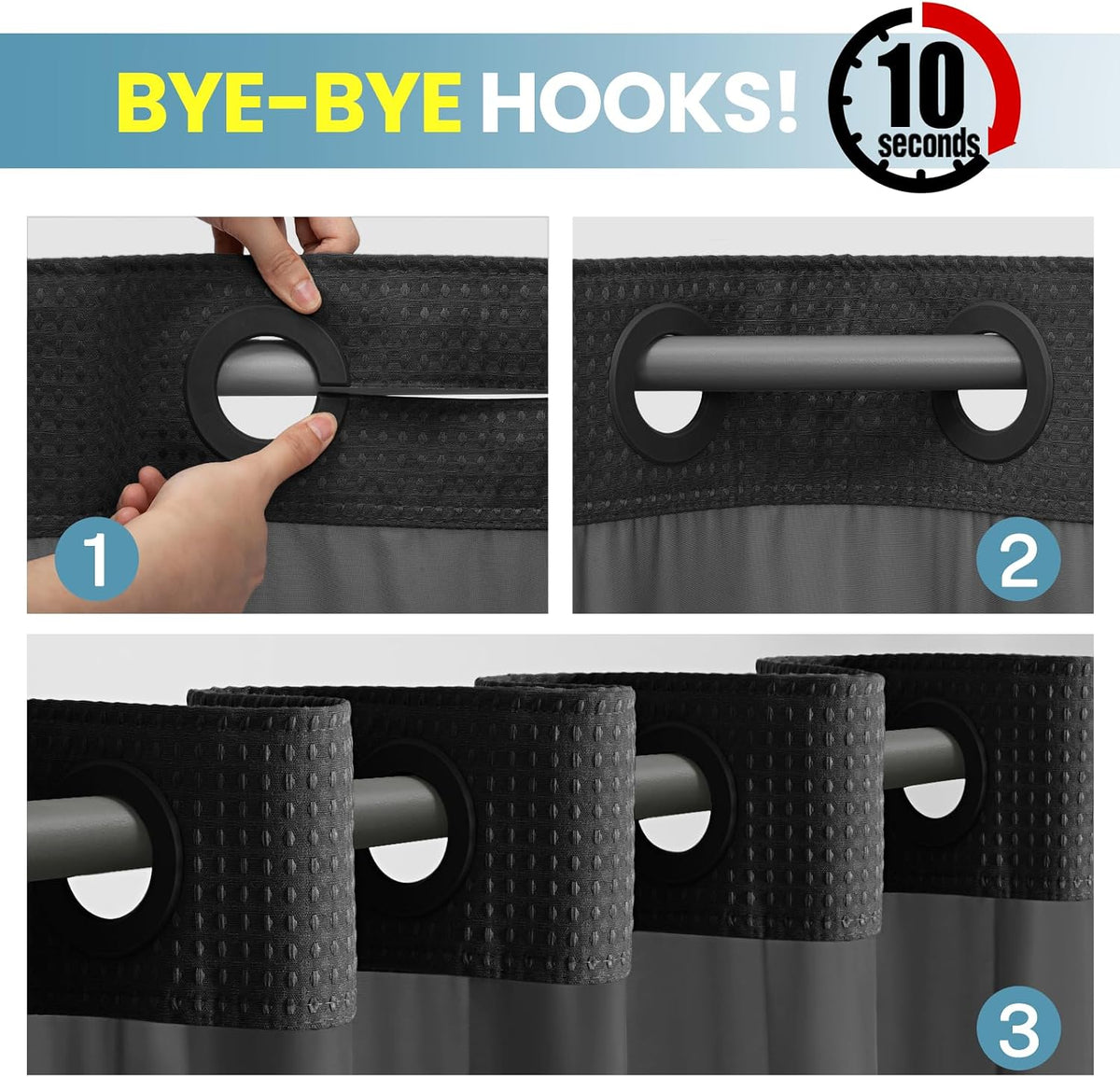 No Hook Waffle Shower Curtain with Snap in Liner Set, 71x74, Grey