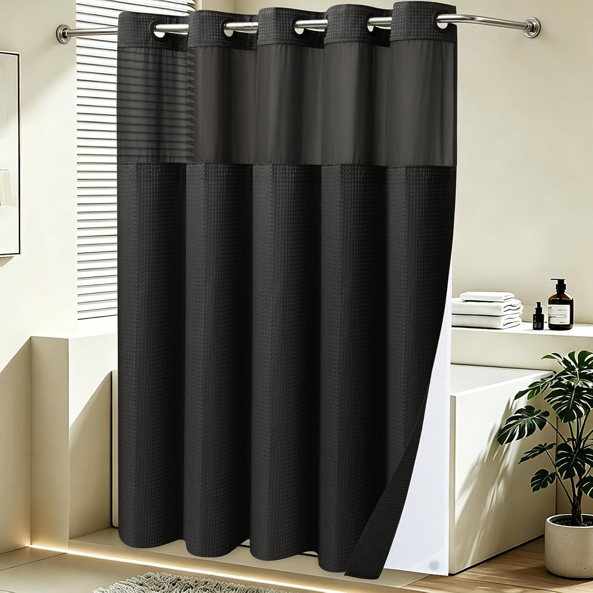 No Hook Waffle Shower Curtain with Snap in Liner Set, 71x74, Grey