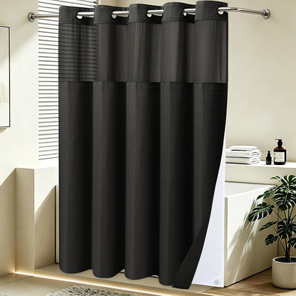 No Hook Waffle Shower Curtain with Snap in Liner Set, 71x74, Grey