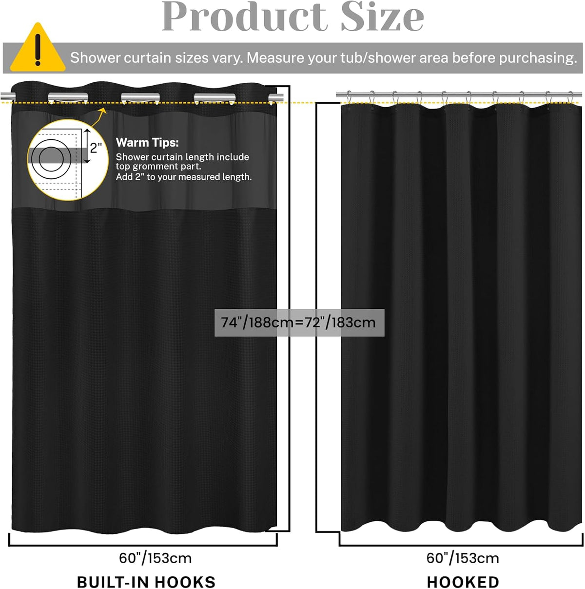 No Hook Waffle Shower Curtain with Snap in Liner Set, 71x74, Grey