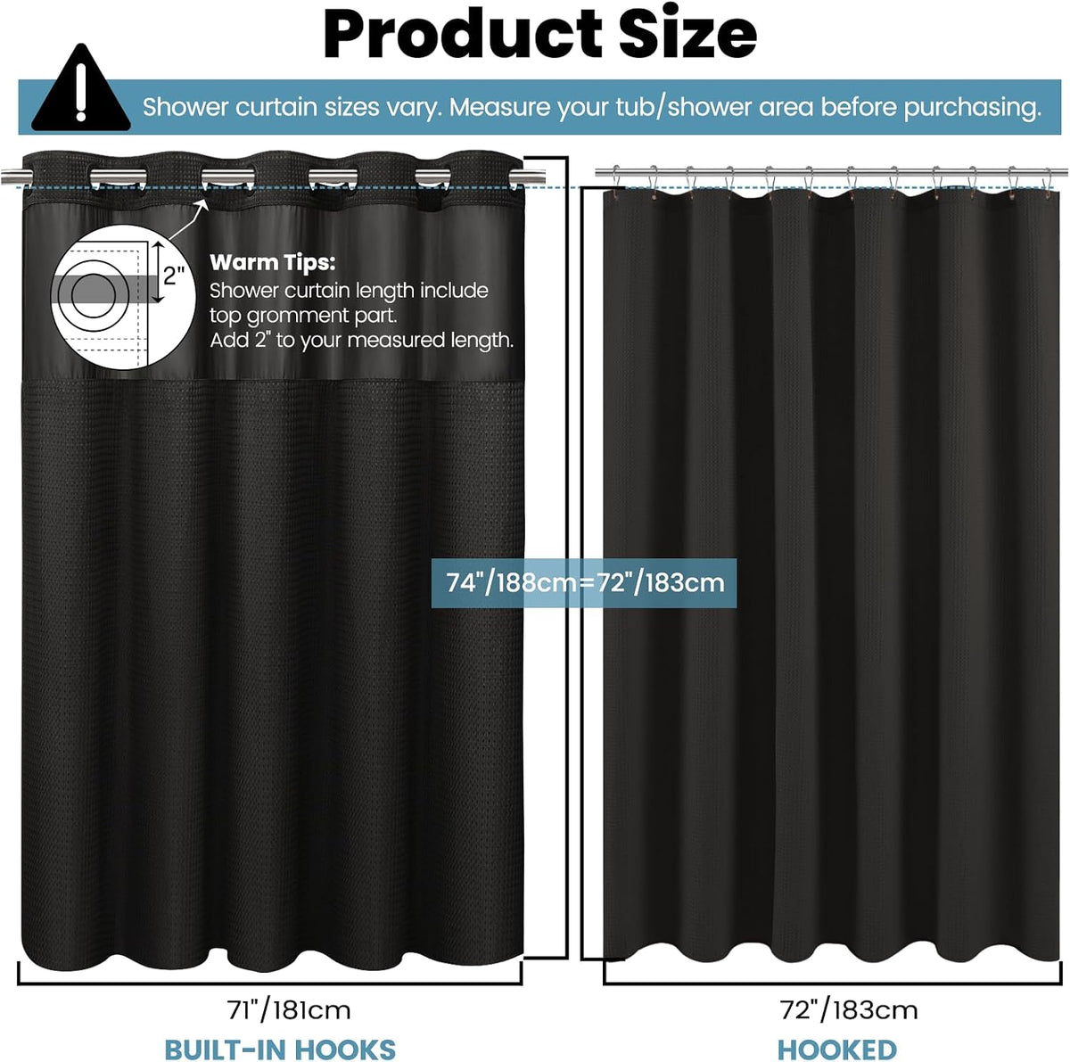 No Hook Waffle Shower Curtain with Snap in Liner Set, 71x74, Grey