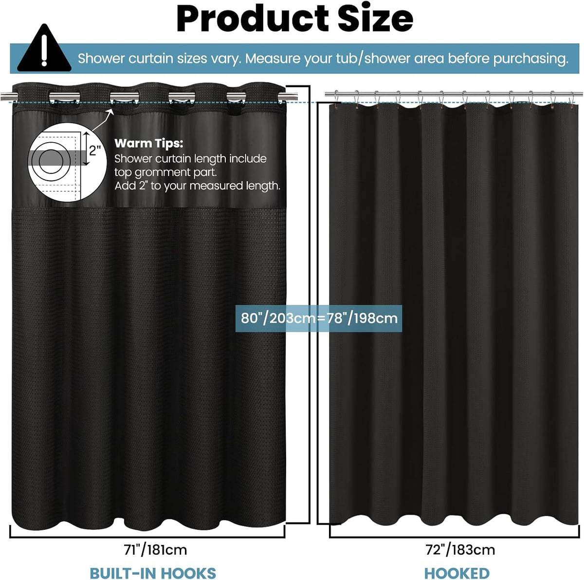 No Hook Waffle Shower Curtain with Snap in Liner Set, 71x74, Grey