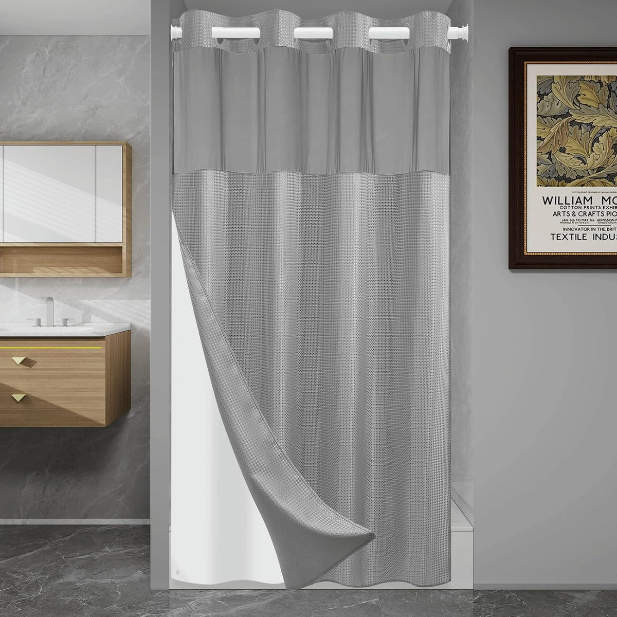 No Hook Waffle Shower Curtain with Snap in Liner Set, 71x74, Grey