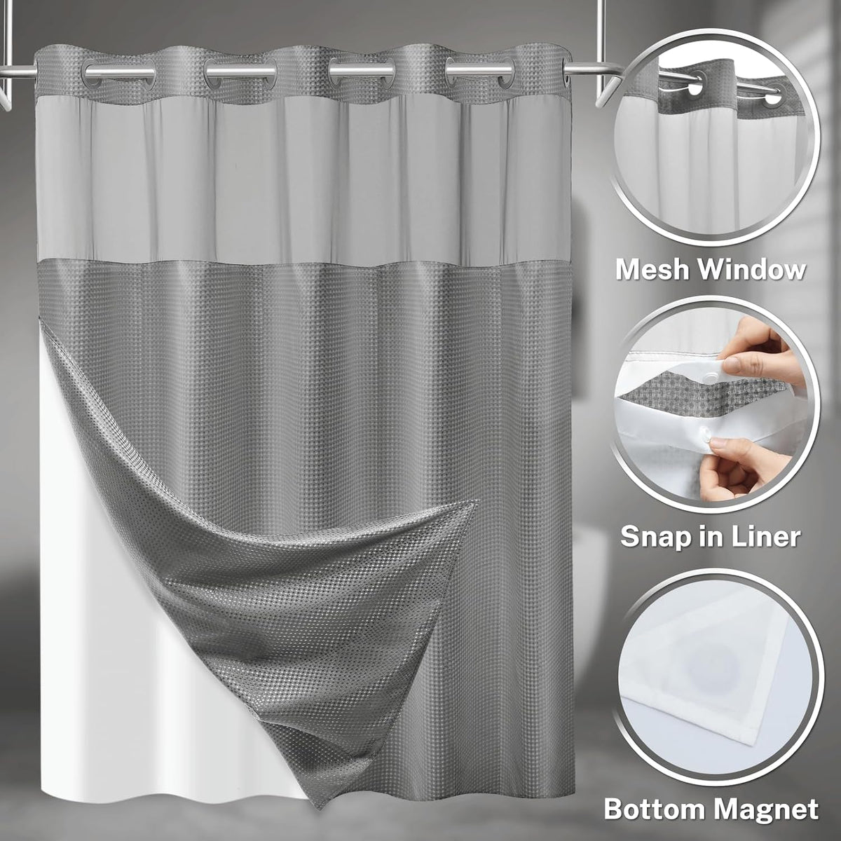 No Hook Waffle Shower Curtain with Snap in Liner Set, 71x74, Grey
