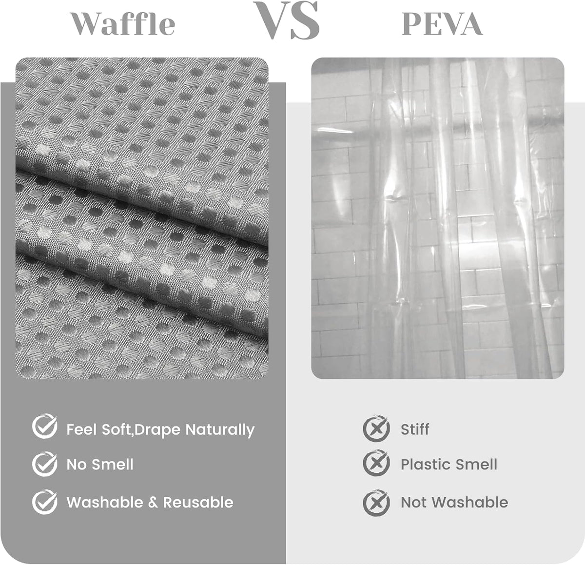 No Hook Waffle Shower Curtain with Snap in Liner Set, 71x74, Grey