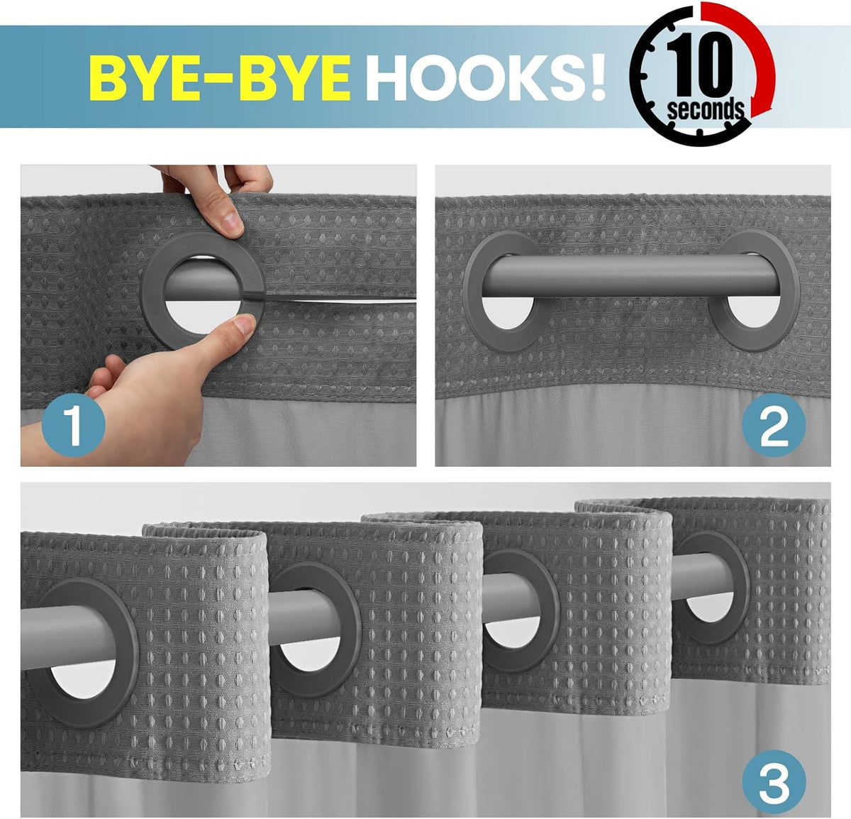 No Hook Waffle Shower Curtain with Snap in Liner Set, 71x74, Grey